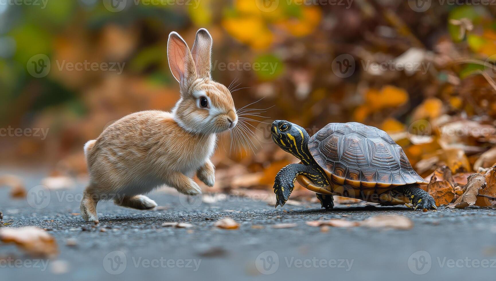 A rabbit and a turtle are playing together. The rabbit is running away from the turtle. The scene is playful and lighthearted photo