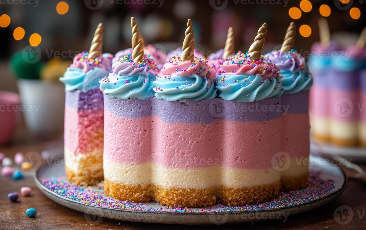 A unicorn cake with blue, pink and purple frosting. The cake is cut in half and has a unicorn on top photo