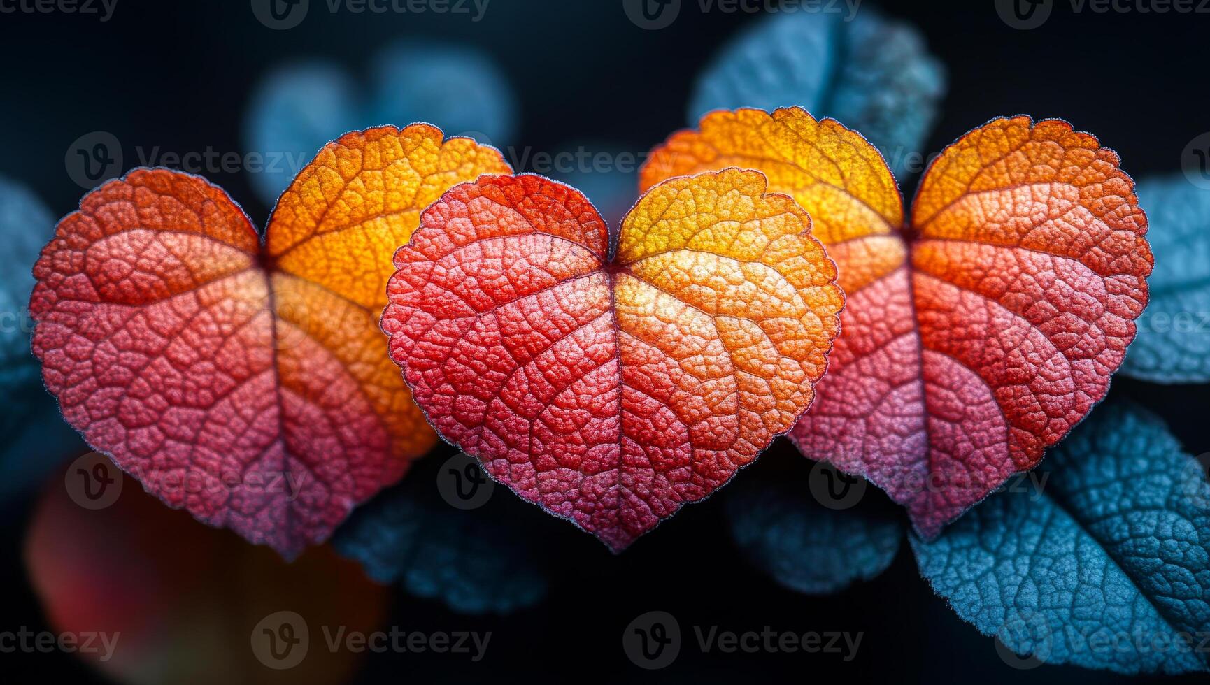 Three leaves with red and orange veins are arranged in a heart shape. The leaves are surrounded by a blue background. Concept of warmth and love, as the heart shape photo