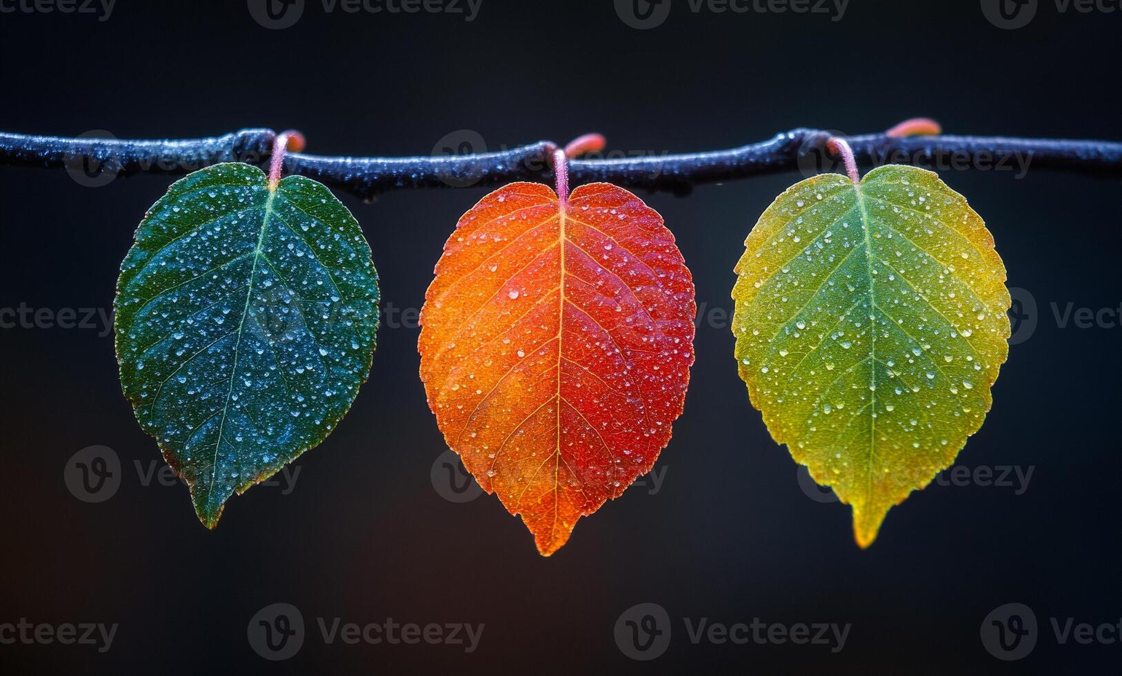 Three leaves are hanging from a branch, one is green, one is red, and one is yellow photo