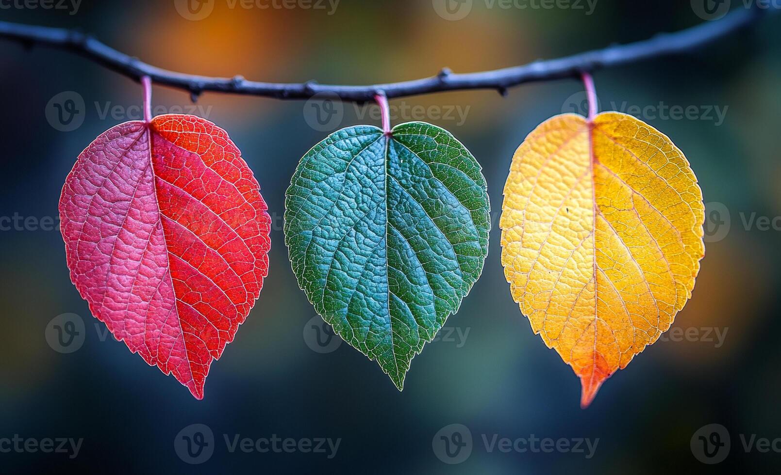 Three leaves of different colors are hanging from a branch. The leaves are red, green, and yellow photo