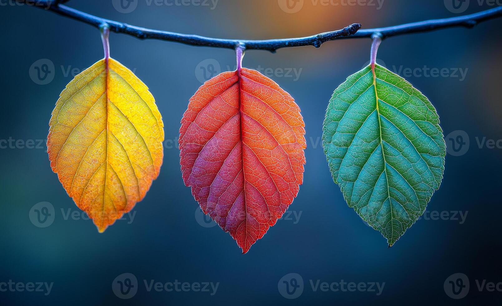 Three leaves are hanging from a branch, one of which is green. The other two are red and yellow photo