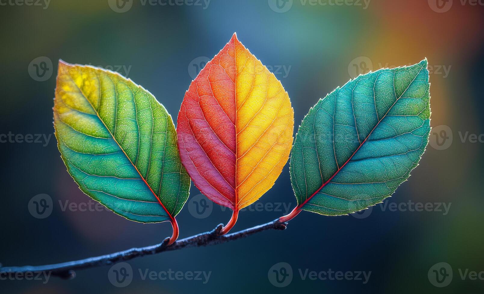 Three leaves are on a branch, one is green, one is red, and one is yellow. The leaves are arranged in a way that they look like they are smiling at the viewer. The colors of the leaves are vibrant photo
