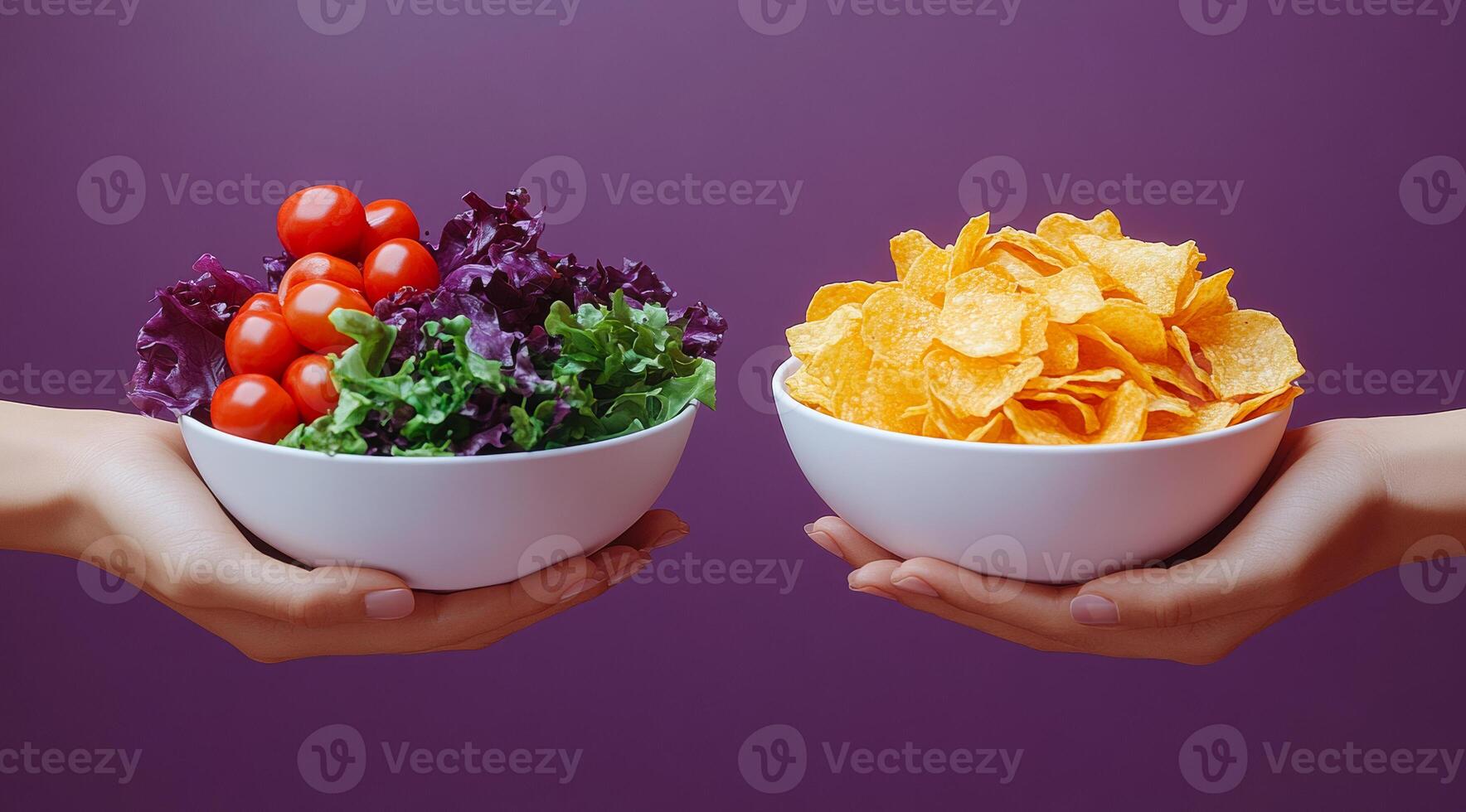 Two people holding bowls of food, one with a salad and the other with chips. The salad bowl is full of vegetables, including tomatoes, lettuce, and broccoli photo