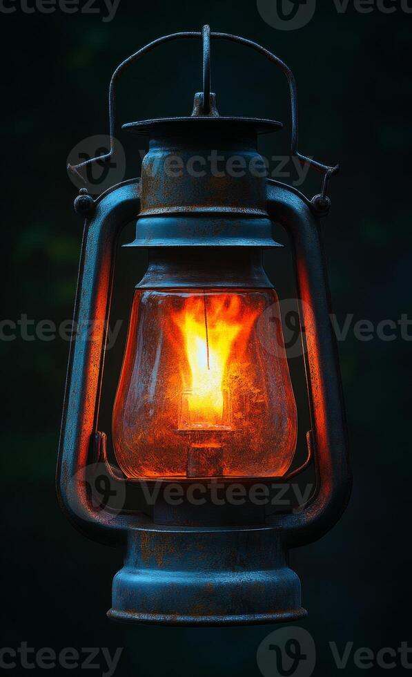 A lantern with a lit candle inside. The lantern is old and rusted, and the flame is yellow. The image has a warm and cozy feeling, as if it were lit in a cabin or a cozy room photo