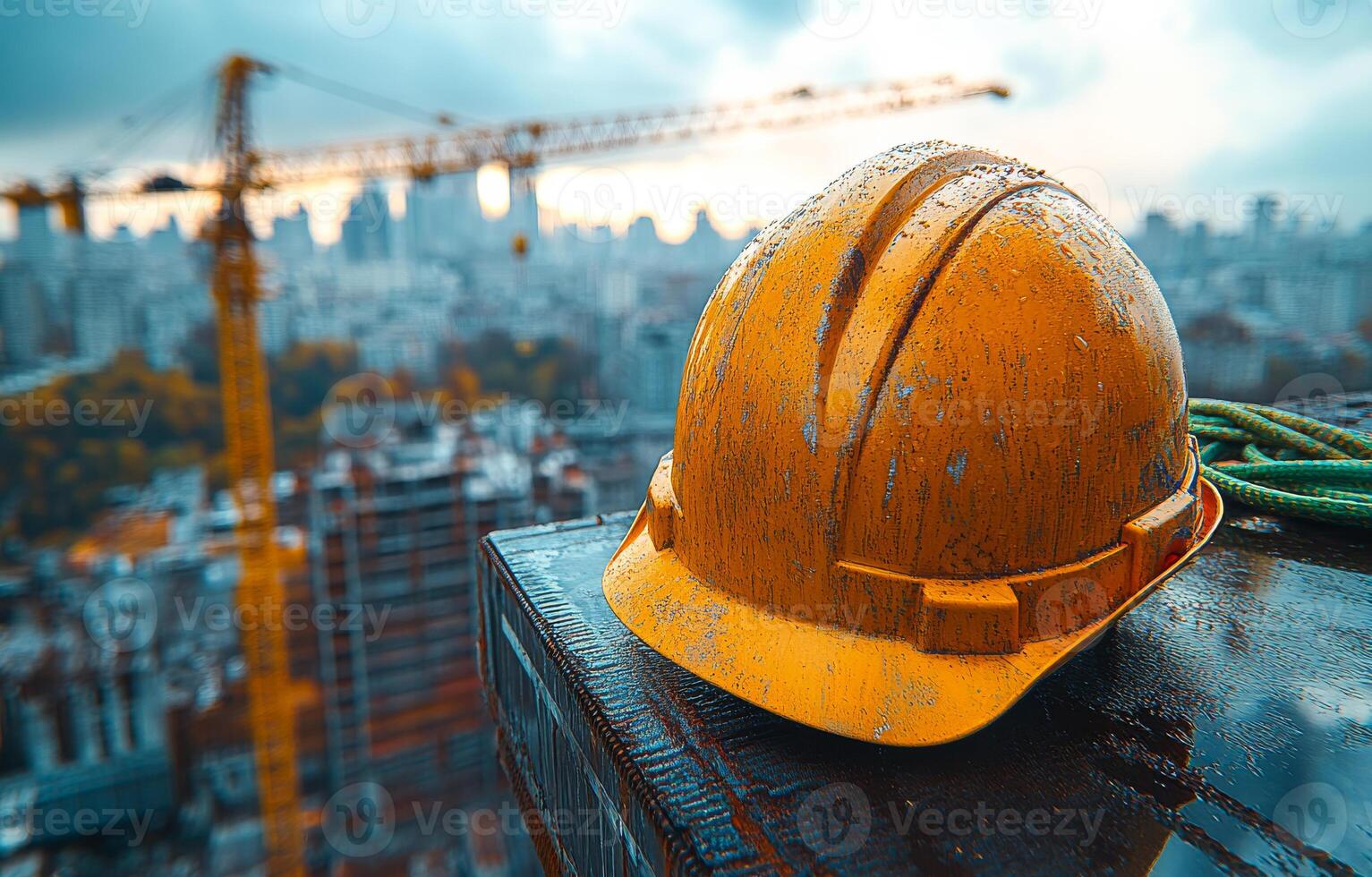 A construction worker's hard hat is wet from the rain. The hat is placed on a ledge in front of a city skyline photo