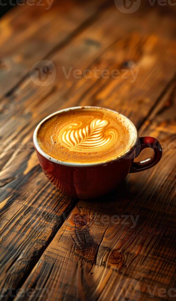 Creamy latte art in a red cup on rustic wood table. A beautifully crafted latte topped with intricate art sits in a red cup on a weathered wooden table. photo