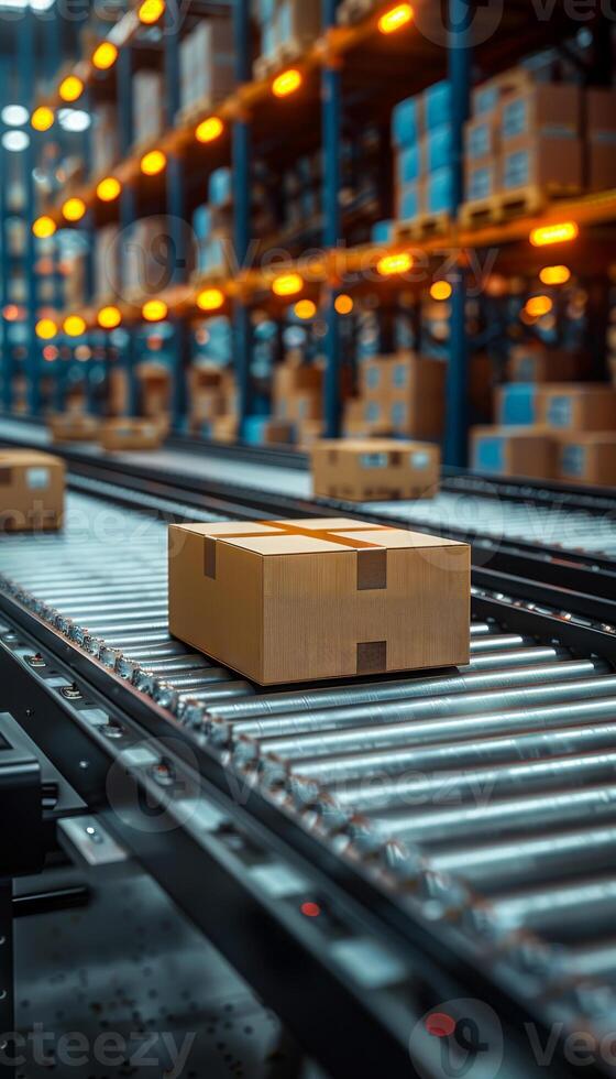 Packages on conveyor in busy hub. A conveyor belt moves boxes efficiently in a bustling distribution center filled with organized shelves and bright lights. photo