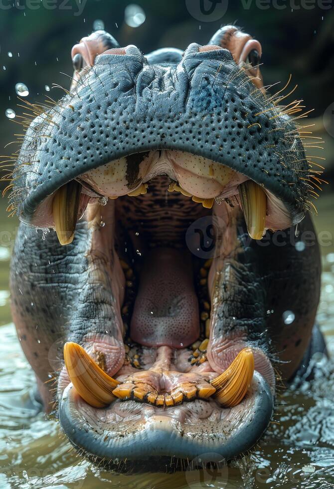 Close-up of a hippo opening its mouth in water. A large hippo is partially submerged in water, displaying its massive mouth with prominent teeth during a sunny day. photo