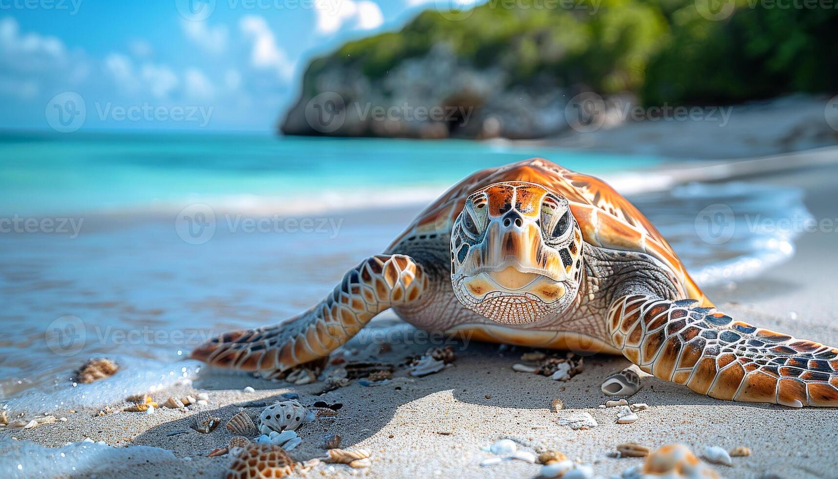 Turtle resting on a sandy beach. A sea turtle crawls on a sandy beach, surrounded by shells and clear blue water under a bright sky. photo