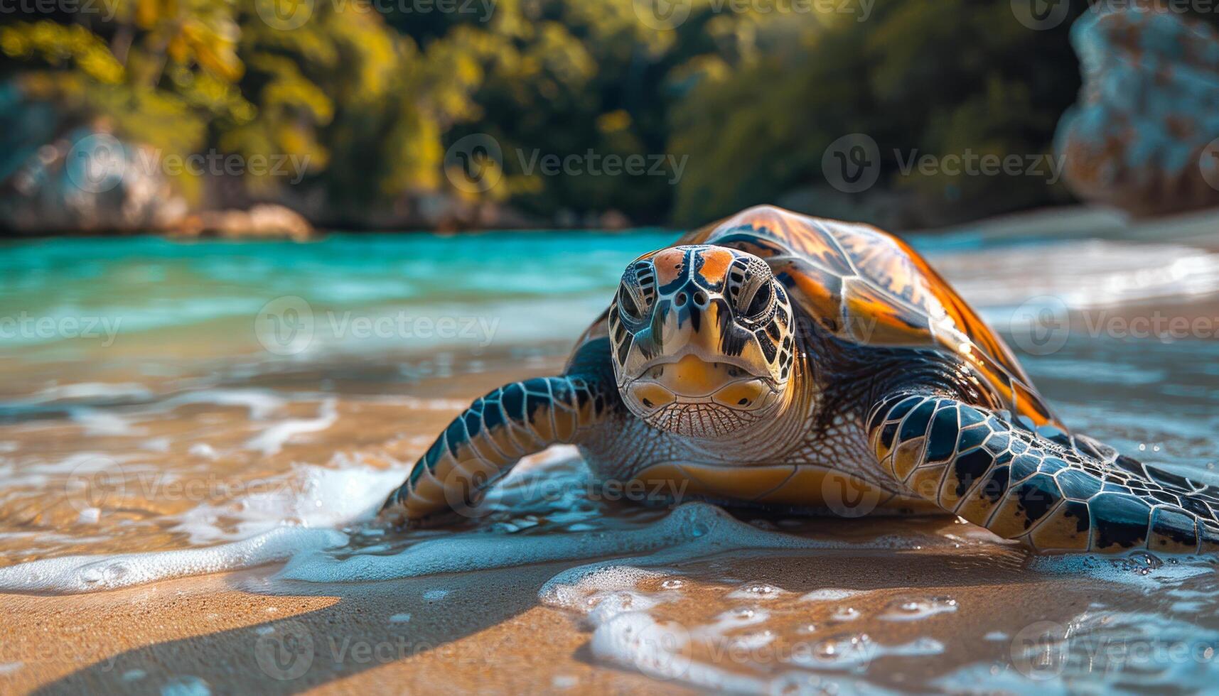 A sea turtle crawling on a sandy beach at sunrise. A vibrant sea turtle makes its way across the sandy shore, with gentle waves lapping at its flippers during the early morning. photo