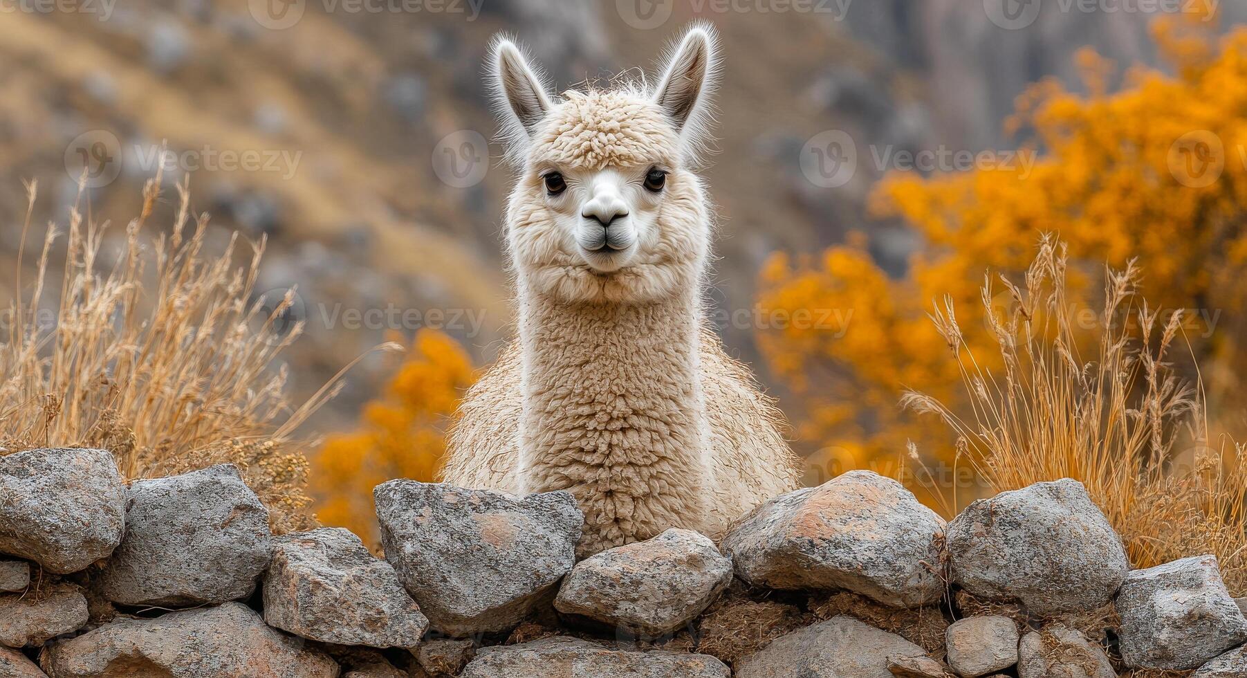 A llama posing by a stone wall during autumn. A llama rests atop a stone wall surrounded by vibrant autumn foliage in the serene mountains. photo
