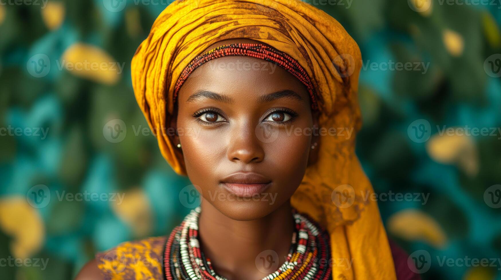 Young woman in vibrant cultural attire. A young woman poses confidently, wearing traditional attire and beads, with lush green foliage in the background on a sunny day. photo