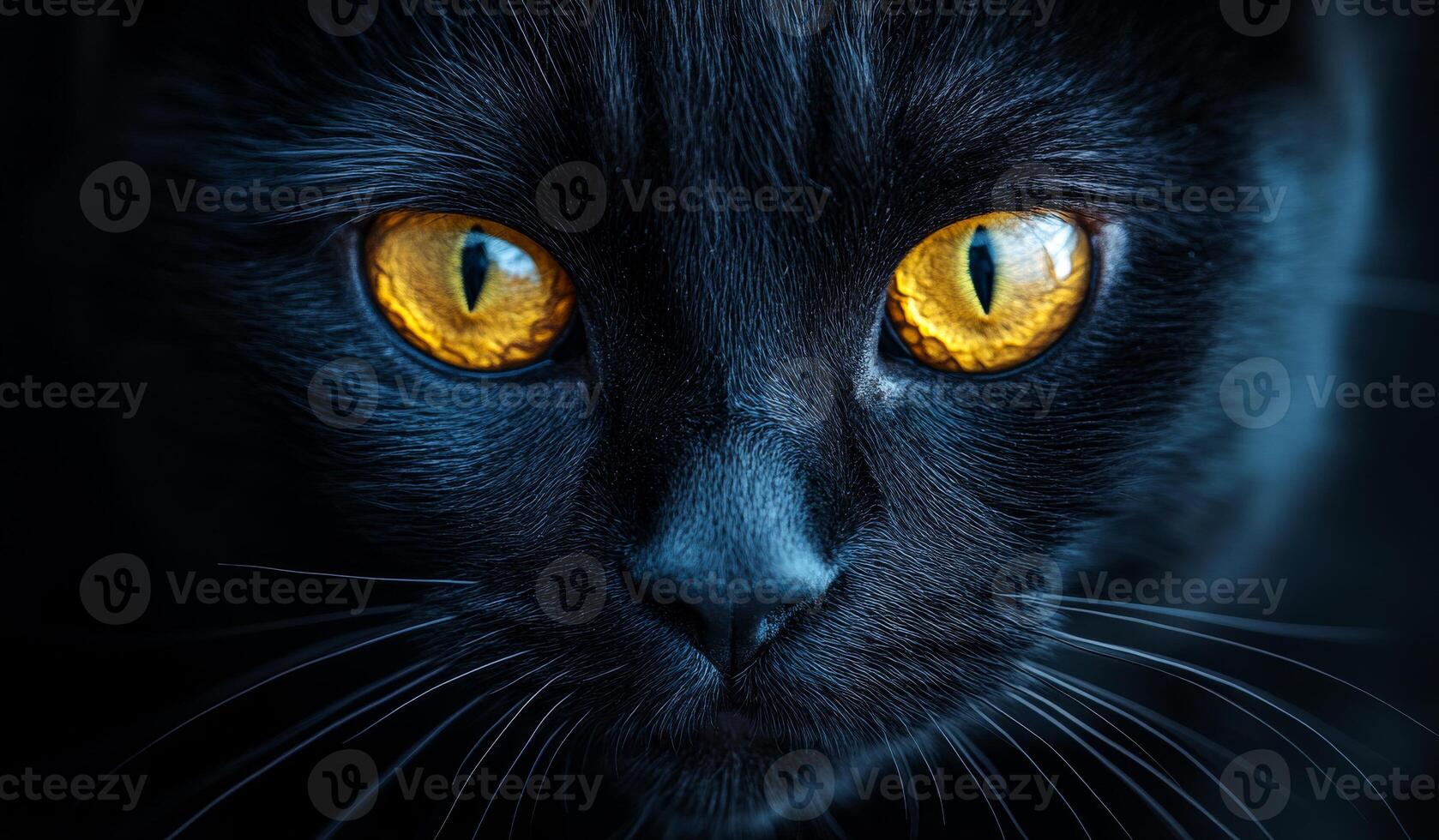 Mysterious black cat with striking yellow eyes. A black cat with captivating yellow eyes gazes intensely, showcasing its sleek fur and enigmatic presence in low light. photo