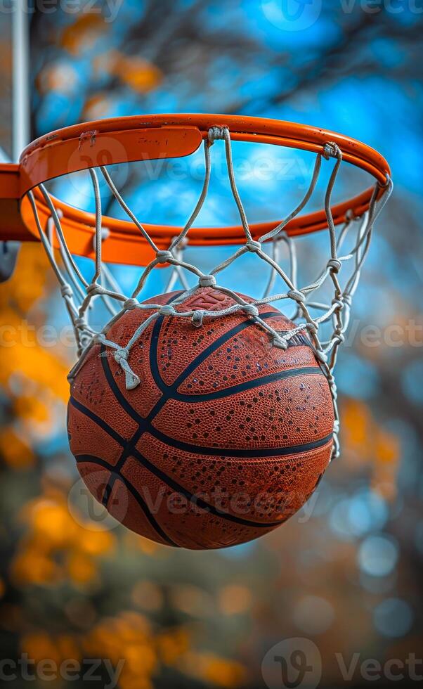 Basketball swishes in the sun. A basketball swooshes through the net on a bright day, capturing the joy of the game and the beauty of the surroundings. photo
