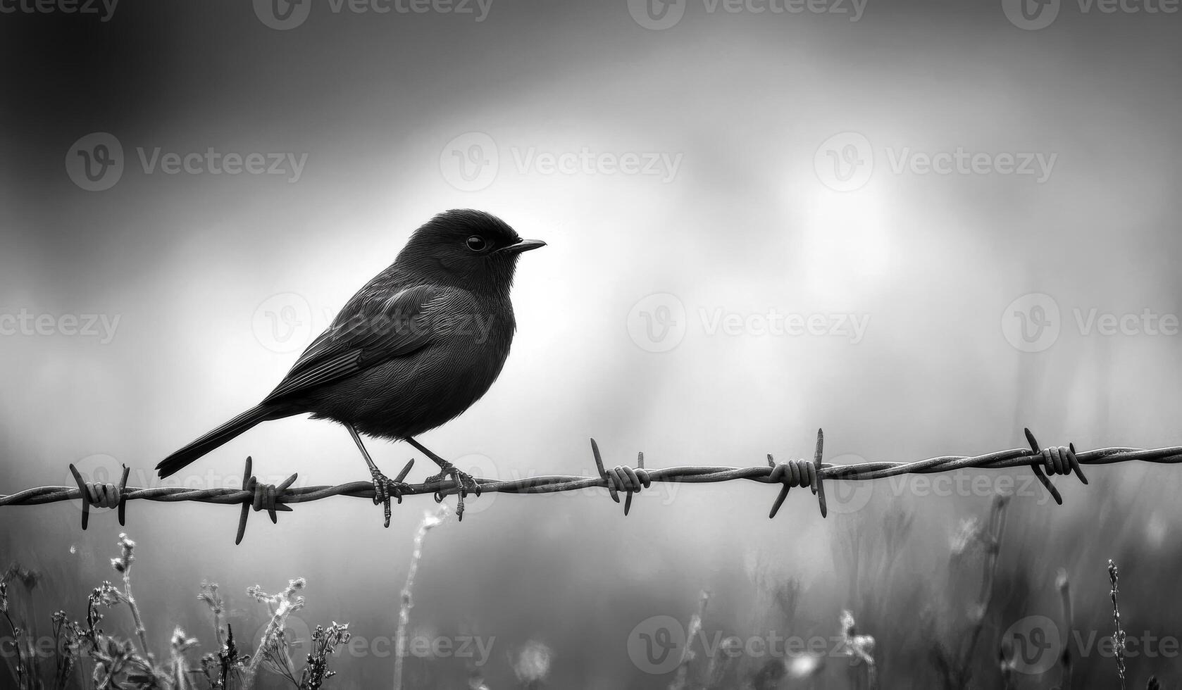 A small bird perched on barbed wire at dawn. A small bird sits quietly on barbed wire, surrounded by soft morning light and a serene black and white backdrop in nature. photo