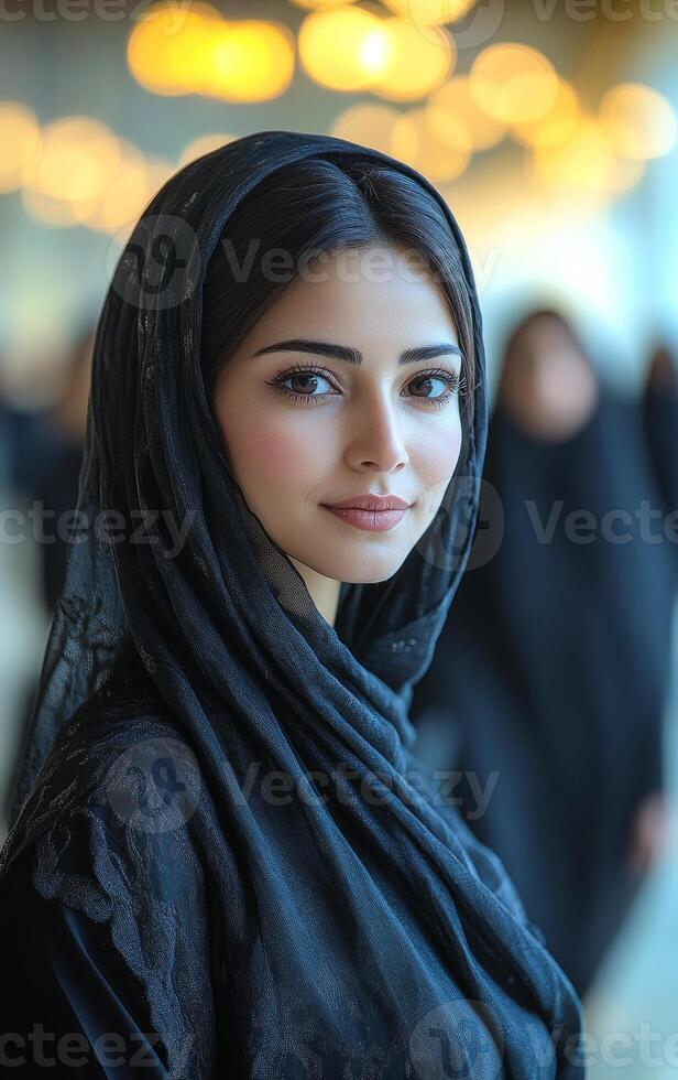 Smiling woman in traditional dress indoors. A young woman wearing a black hijab smiles gently amidst a blurred background of others in similar attire, captured in soft light. photo