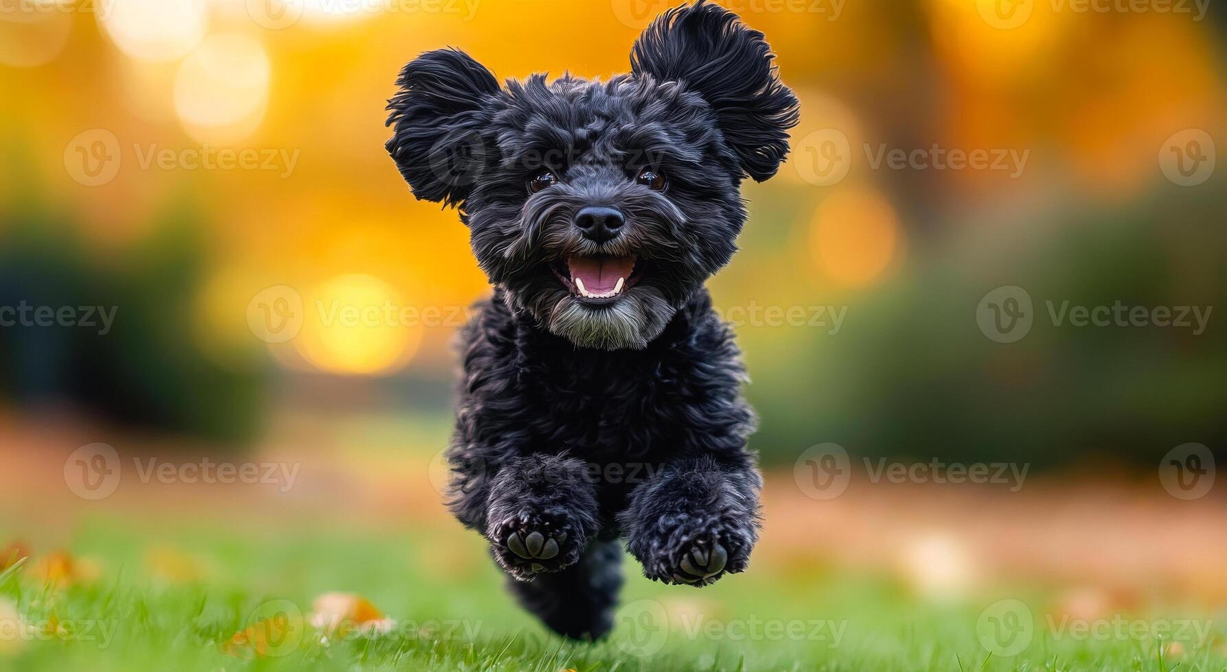 Cheerful black dog running joyfully in autumn park. A playful black dog bounds through a park filled with colorful autumn leaves, radiating happiness in a beautiful outdoor setting. photo