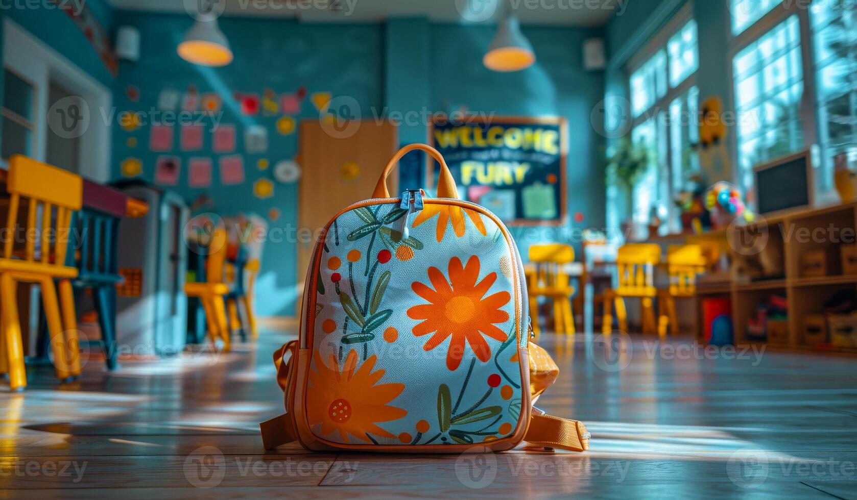 Colorful backpack in a bright classroom setting. A vibrant floral backpack sits on the floor of a sunny classroom filled with cheerful furniture and decorations. photo