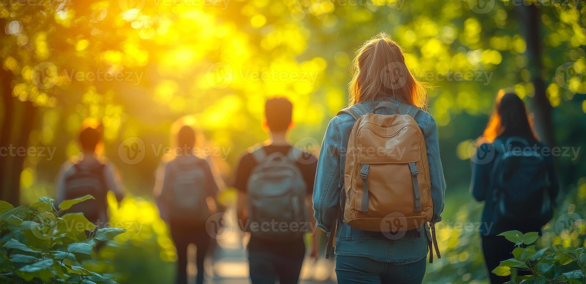 Students walking on a nature trail during sunset. A group of students strolls down a tree-lined path as the sun sets, casting a warm glow through the foliage around them. photo