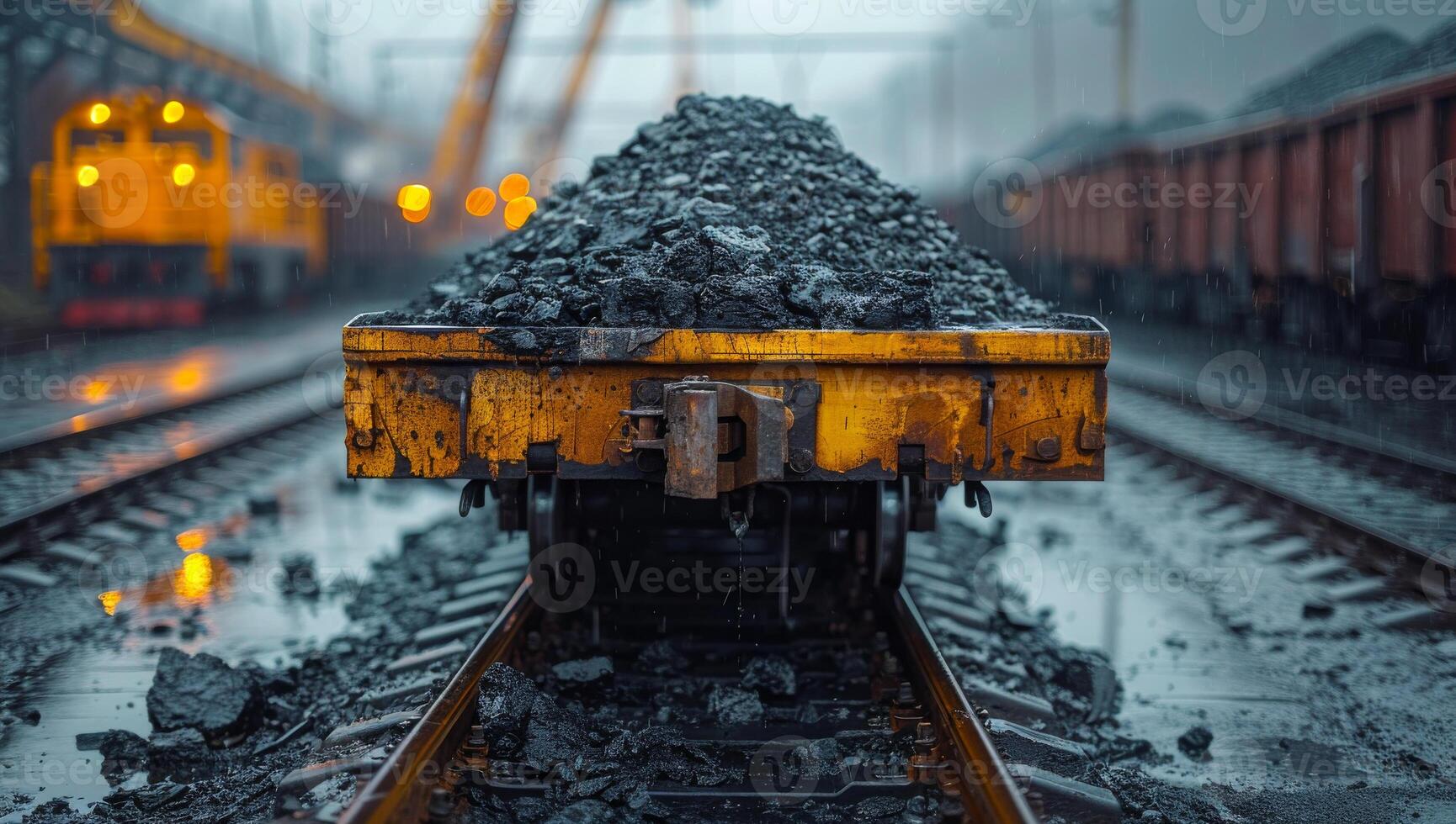 Twilight coal transport at railway yard. A coal-laden freight wagon stands on wet tracks in a busy railway yard, illuminated by soft yellow lights at dusk. photo