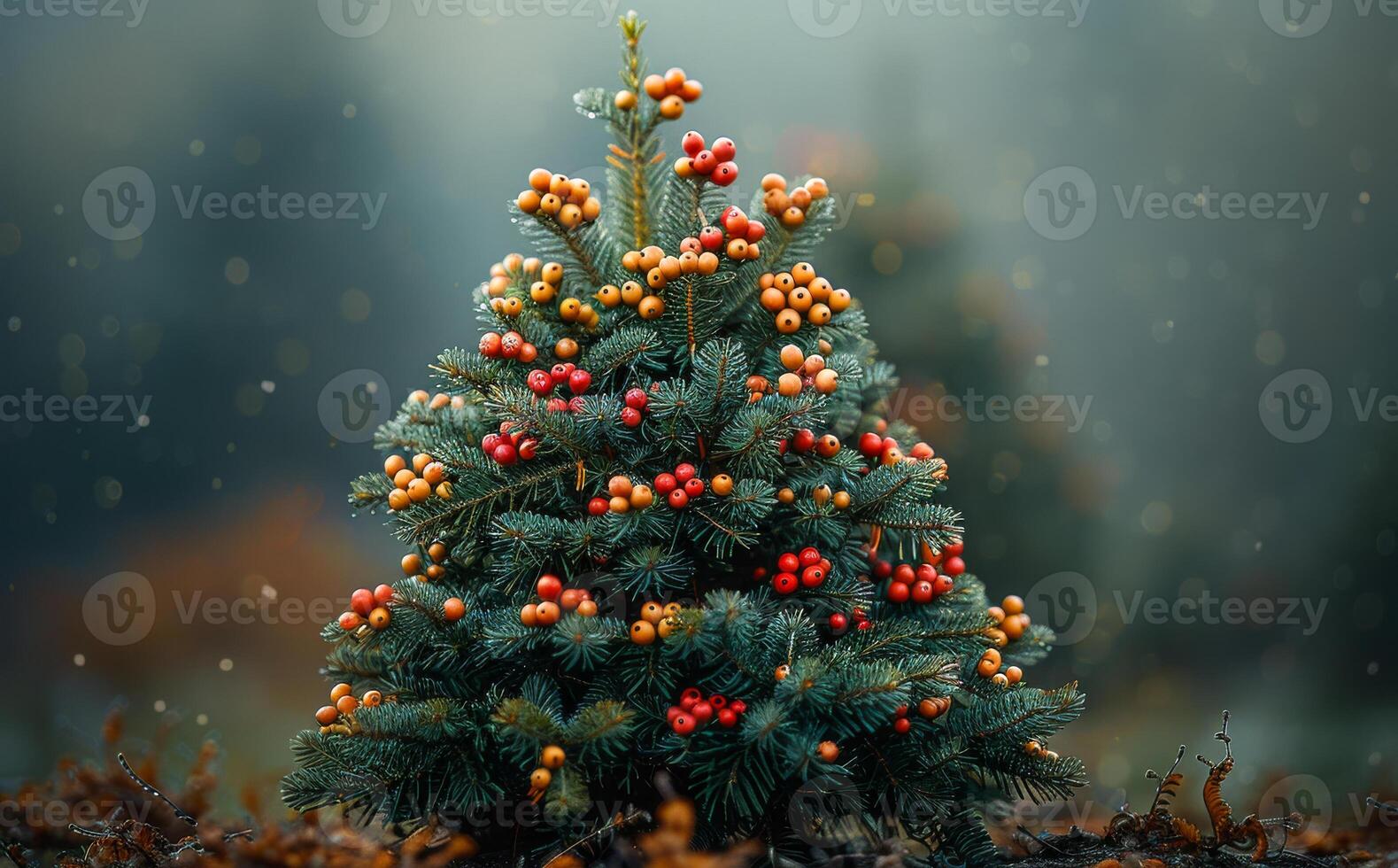 Charming small Christmas tree with berries. A small Christmas tree adorned with vibrant red and orange berries stands amidst a serene landscape while gentle snowflakes fall. photo