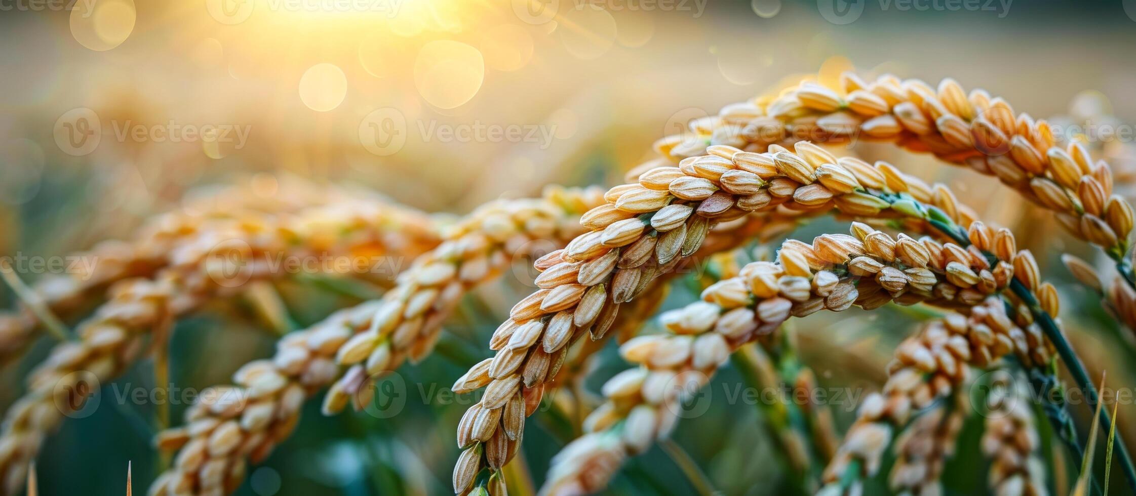 Golden rice grains swaying in the evening light. Golden rice grains sway gently in the evening light, showcasing their rich texture against a blurred background of fields. photo