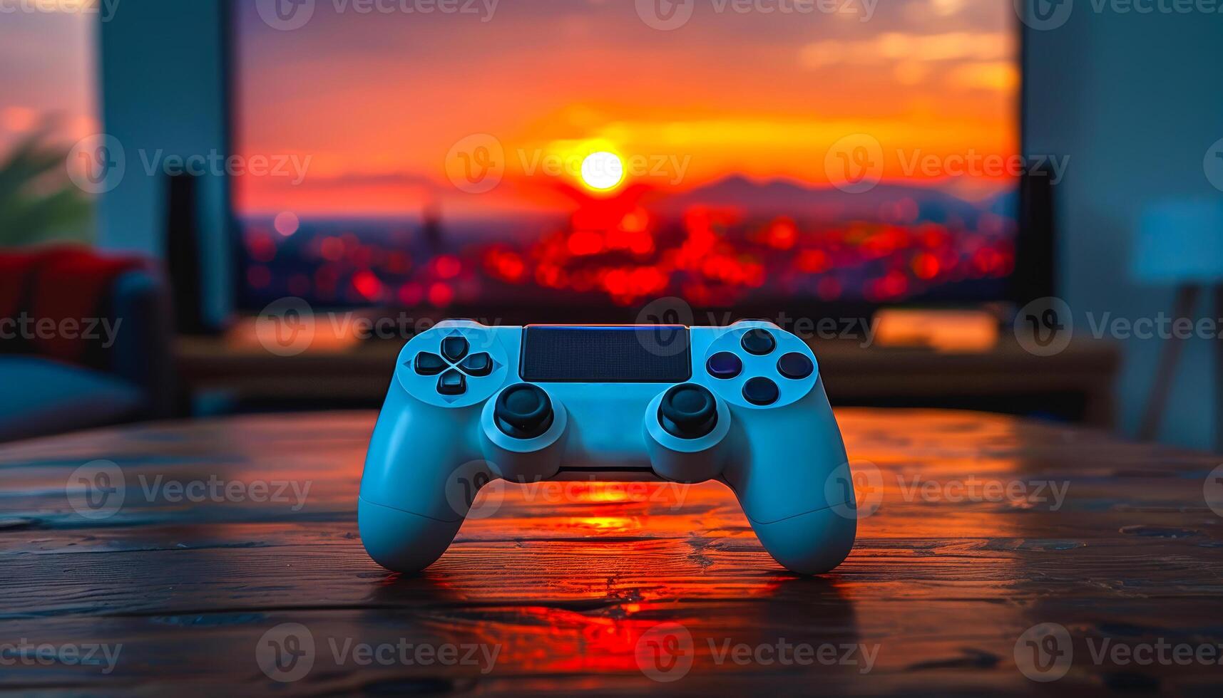 Sunset view, gaming setup. A gaming controller sits on a wooden table, with a vibrant sunset view displayed on a large TV in the background. photo