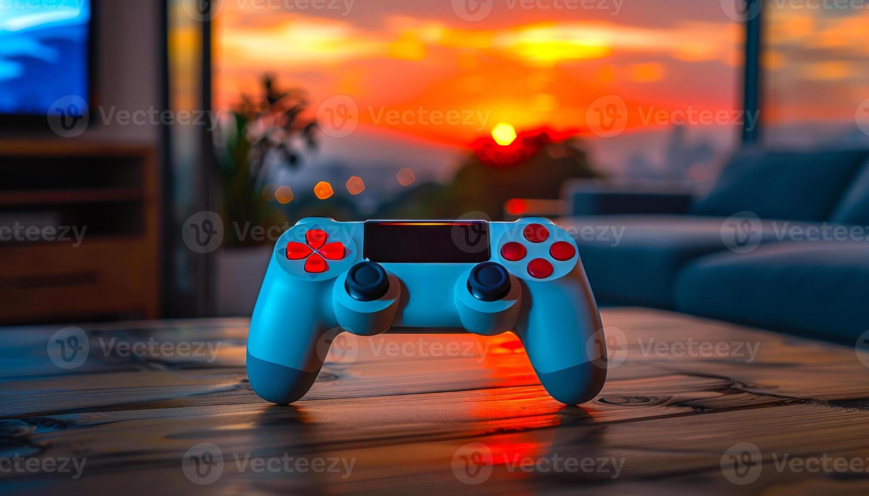 Sunset gaming session with a controller. A gaming controller rests on a wooden table as the sunset fills the room with warm colors, creating a cozy atmosphere for gaming. photo