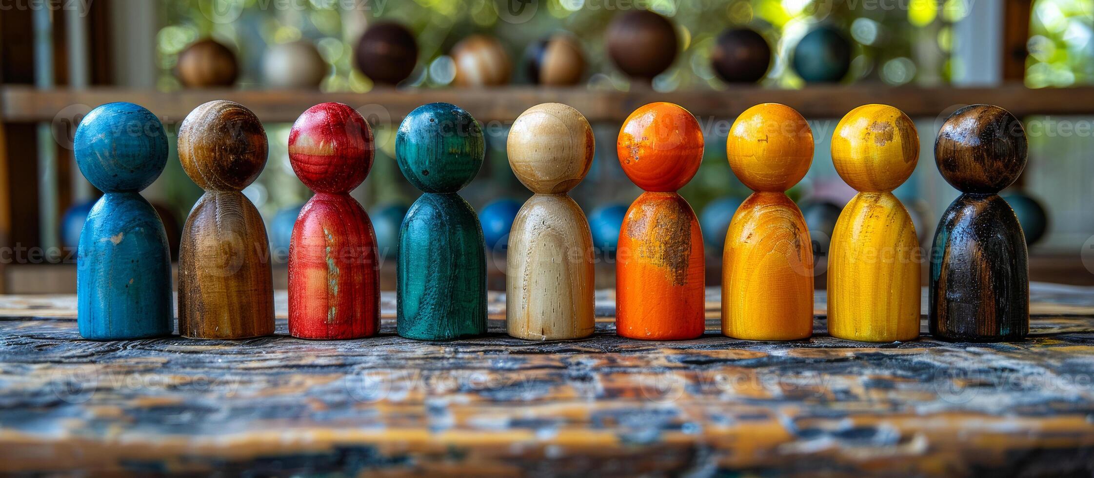 Colorful wooden figures on outdoor table. Eight handcrafted wooden figures stand in a row on a rustic table, surrounded by natural light and greenery in the background. photo
