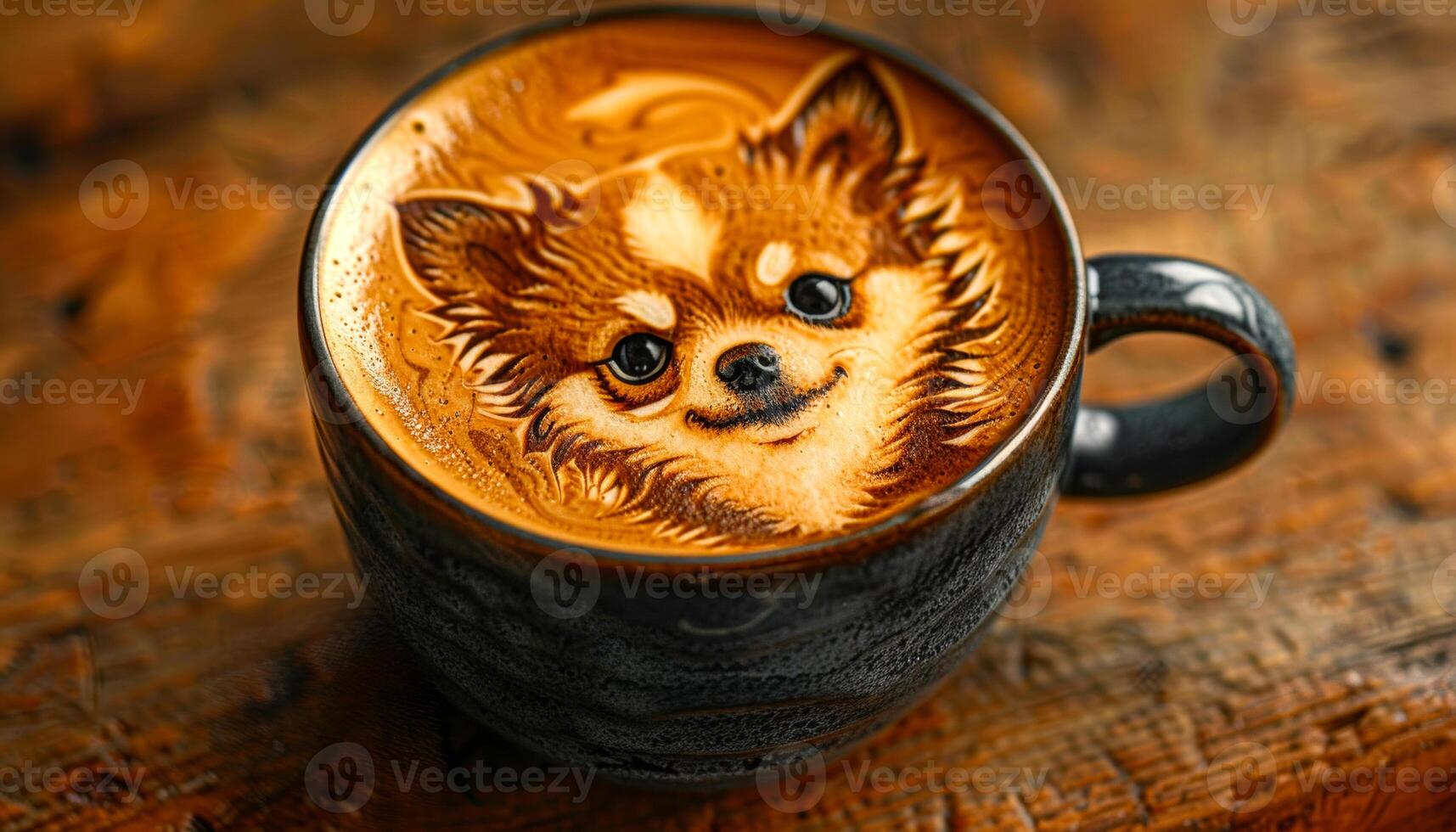 Artistic latte featuring a smiling dog design. A beautifully crafted latte shows a smiling dog design, served in a dark ceramic cup on a rustic wooden table. photo