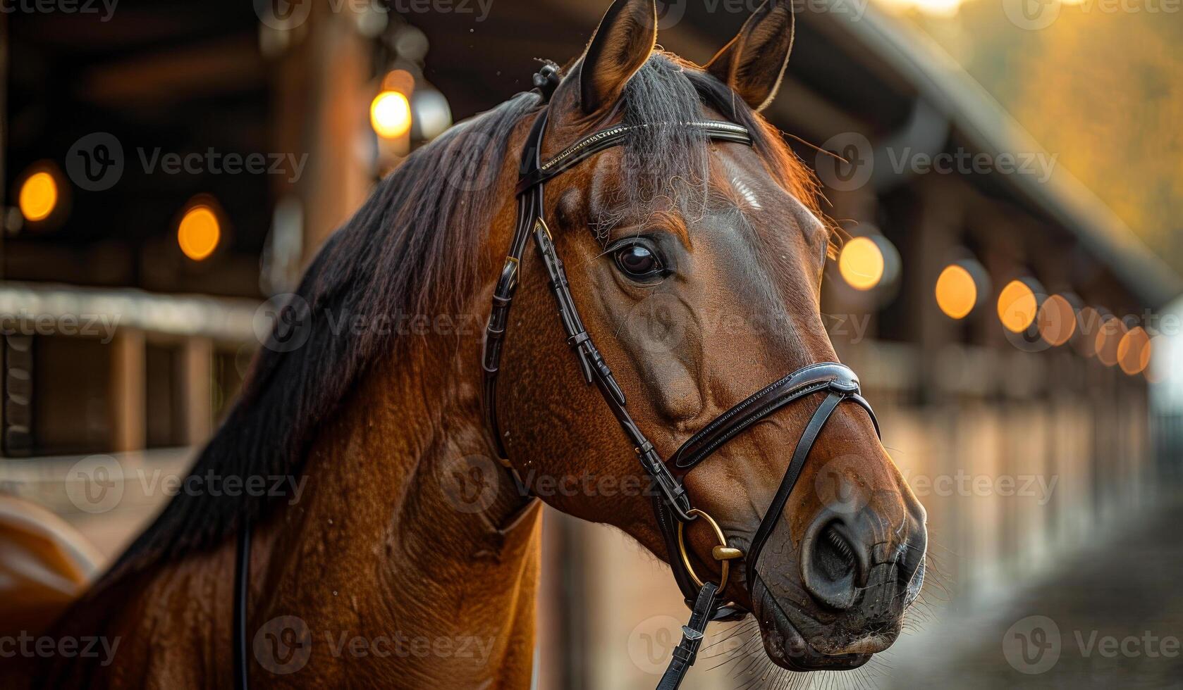Majestic horse in stable with warm evening light. A beautiful chestnut horse stands in a stable, illuminated by warm evening lights, showcasing its graceful profile and calm demeanor. photo