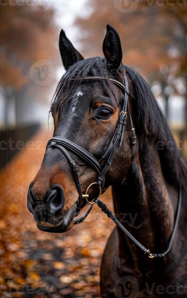 Horse amid autumn leaves. A majestic horse stands still, displaying its glossy coat amidst a backdrop of vibrant autumn leaves along a misty path. photo