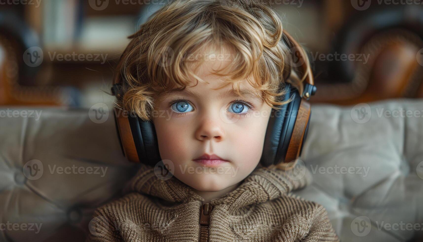 Curly-haired boy listens intently in cozy room. A young boy with curly hair and bright blue eyes listens intently with large headphones in a warm, inviting interior. photo