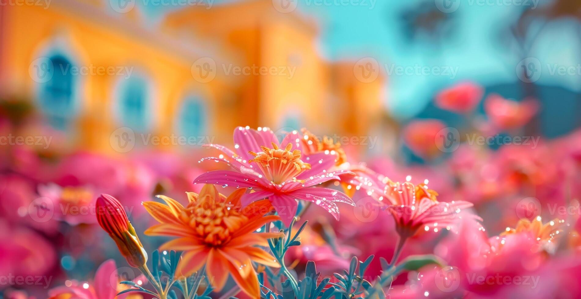 Bright flowers pop by a sunny yellow building. Colorful flowers with dewdrops bloom in a lively garden, set against a bright yellow building under a clear blue sky. photo