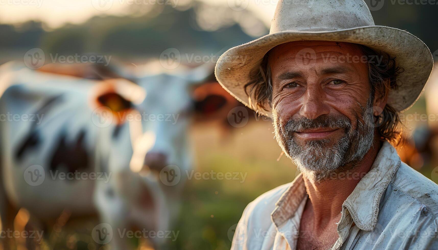 Farmer with cattle in golden sunlight. A farmer with a warm smile stands in a pasture, surrounded by grazing cows under the soft glow of the late afternoon sun. photo