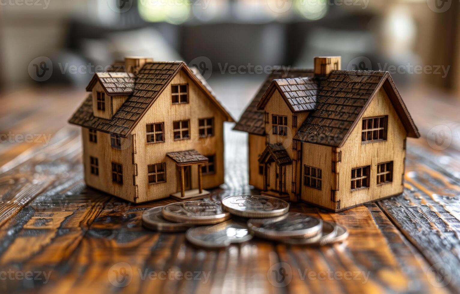 Wooden house models with coins on a wooden table. Two wooden house models sit on a wooden table surrounded by coins, illustrating a concept of real estate and finance. photo