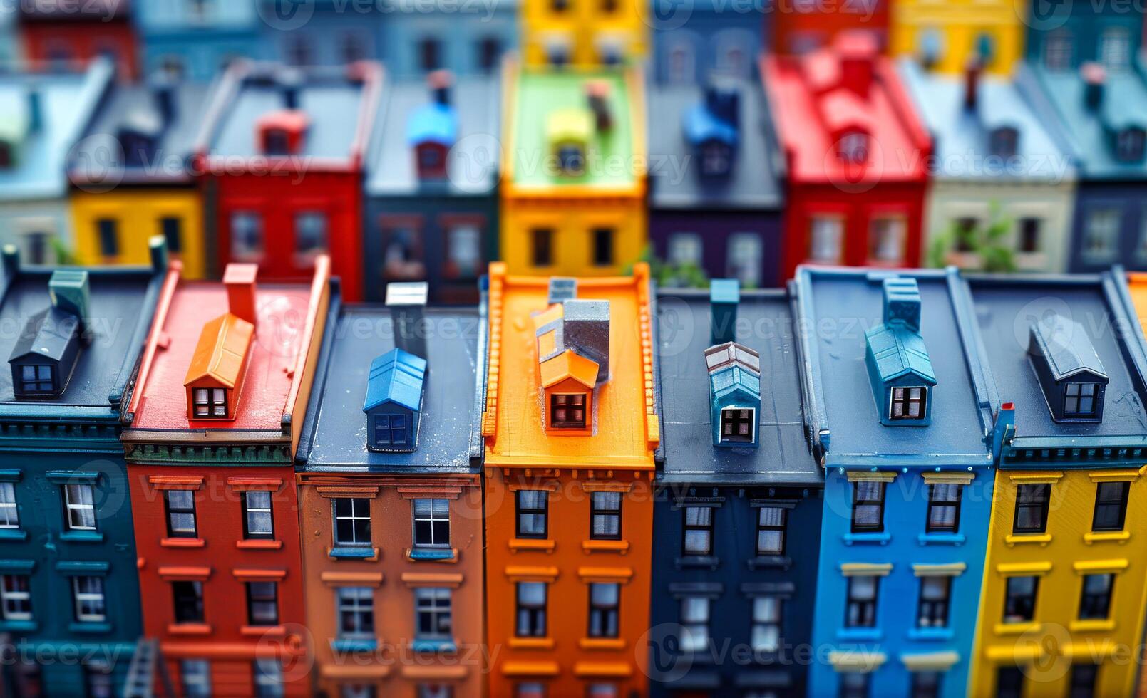 Colorful row of houses in a vibrant urban setting. A lively collection of brightly painted houses showcases urban architecture, revealing a cheerful atmosphere on a sunny day. photo