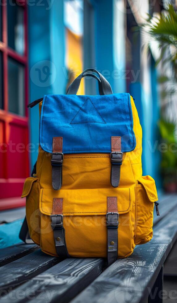Vibrant two-toned backpack rests on wooden bench. A brightly colored yellow and blue backpack sits on a wooden bench with a colorful building backdrop, ideal for outdoor adventures. photo