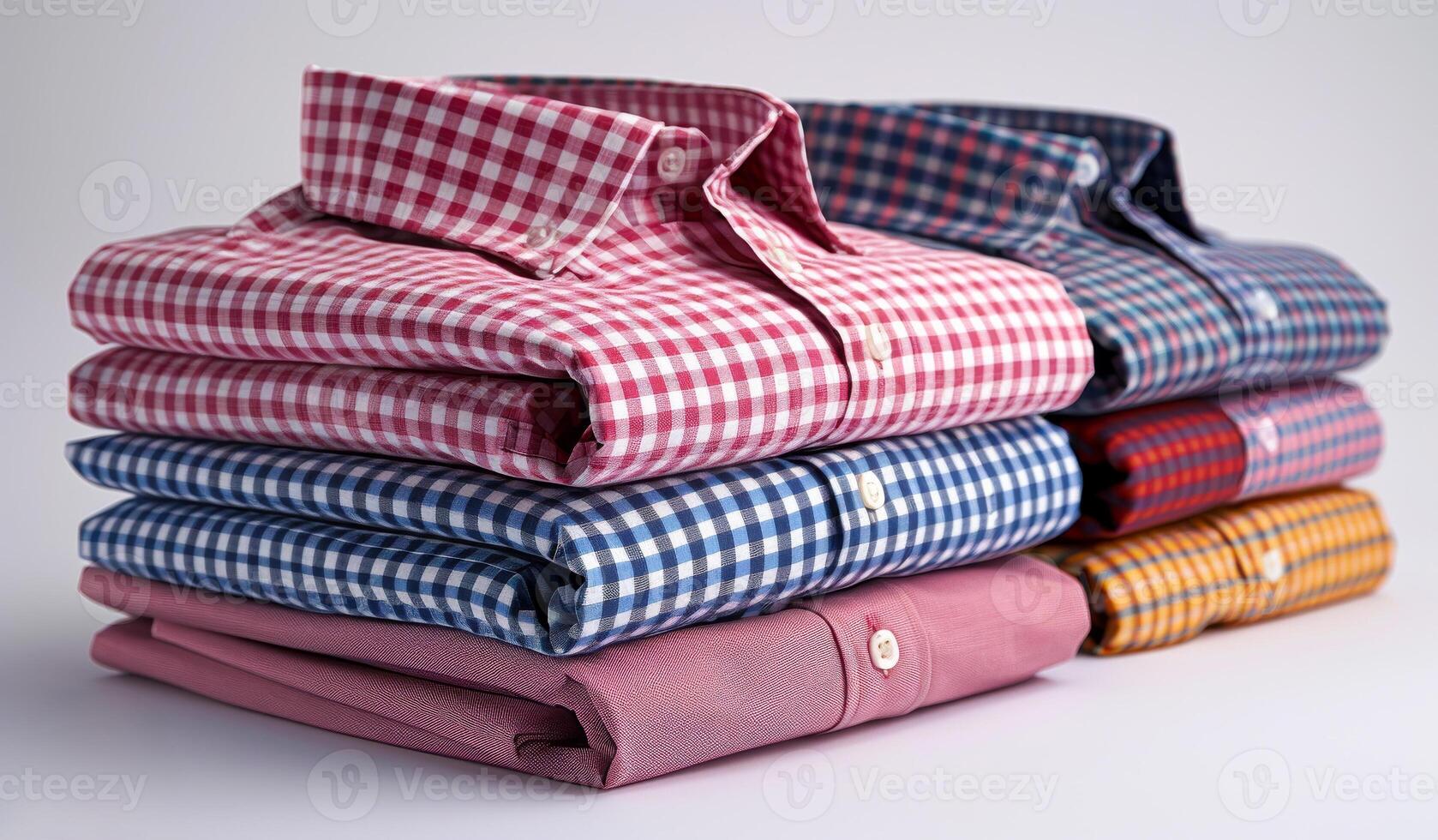 Neatly folded checkered shirts in various colors. A stack of folded checkered shirts in vibrant colors, showcasing different patterns and styles, perfect for casual wear. photo