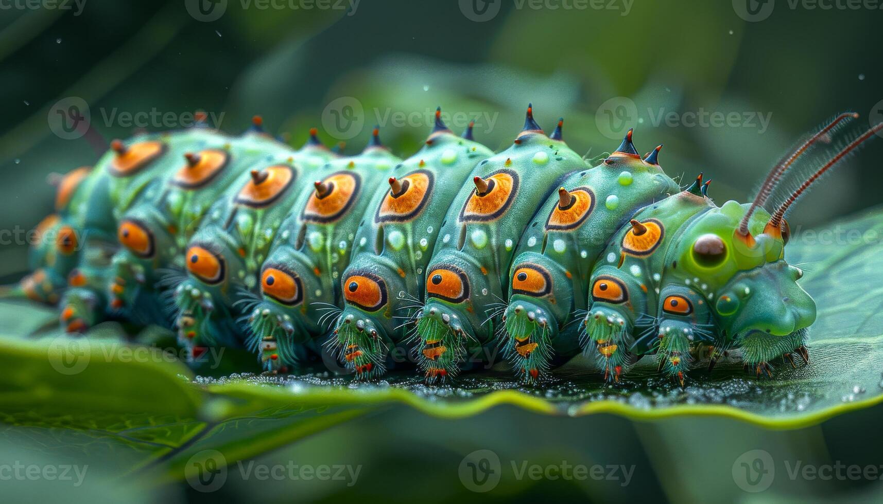 Green caterpillar on a leaf. A vibrant green caterpillar with striking orange spots rests on a green leaf, showcasing its unique features in the wild. photo