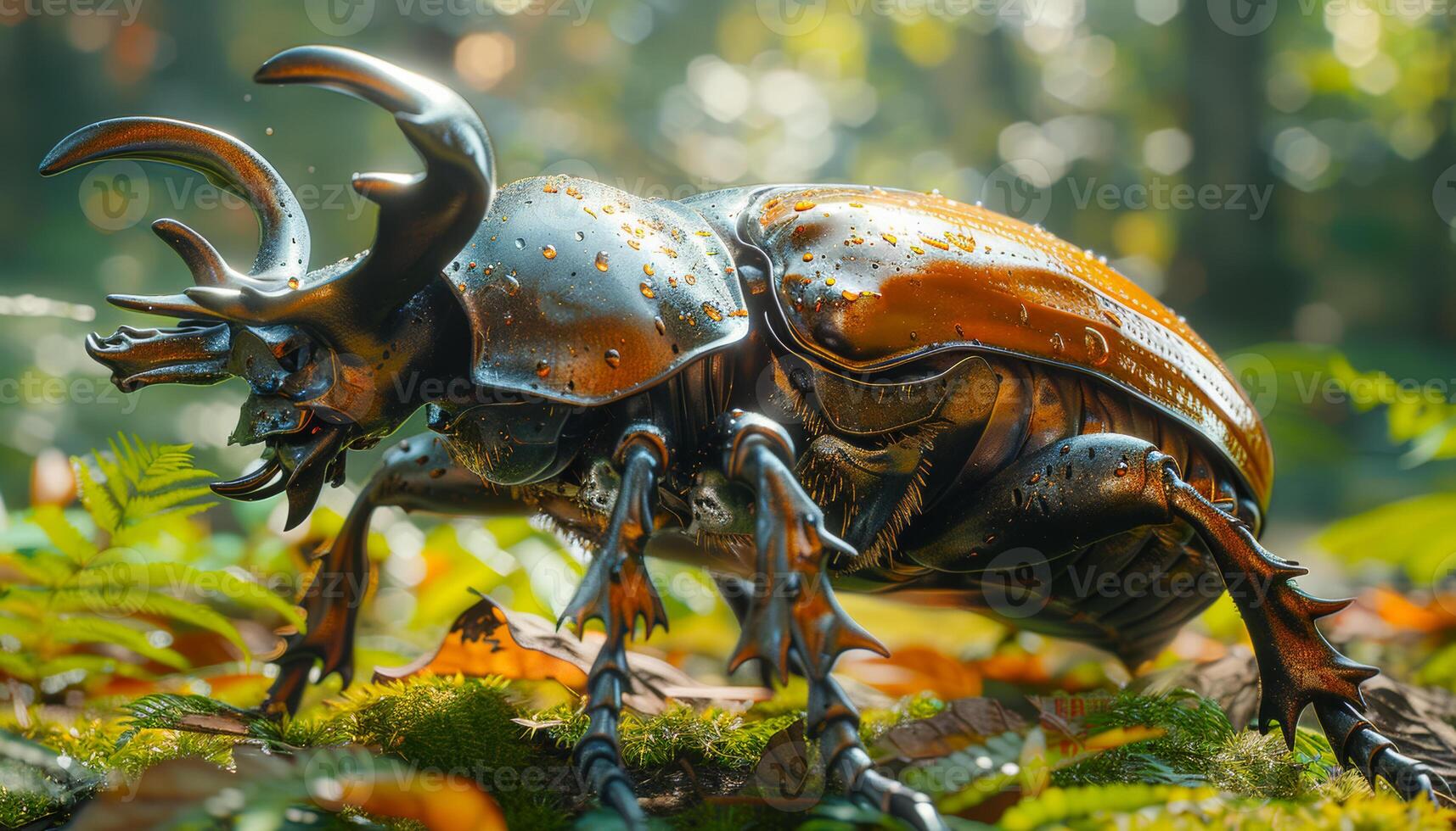 Robotic beetle explores dawn forest. A detailed robotic beetle moves through a lush forest filled with dew-kissed ferns, capturing the beauty of early morning light. photo
