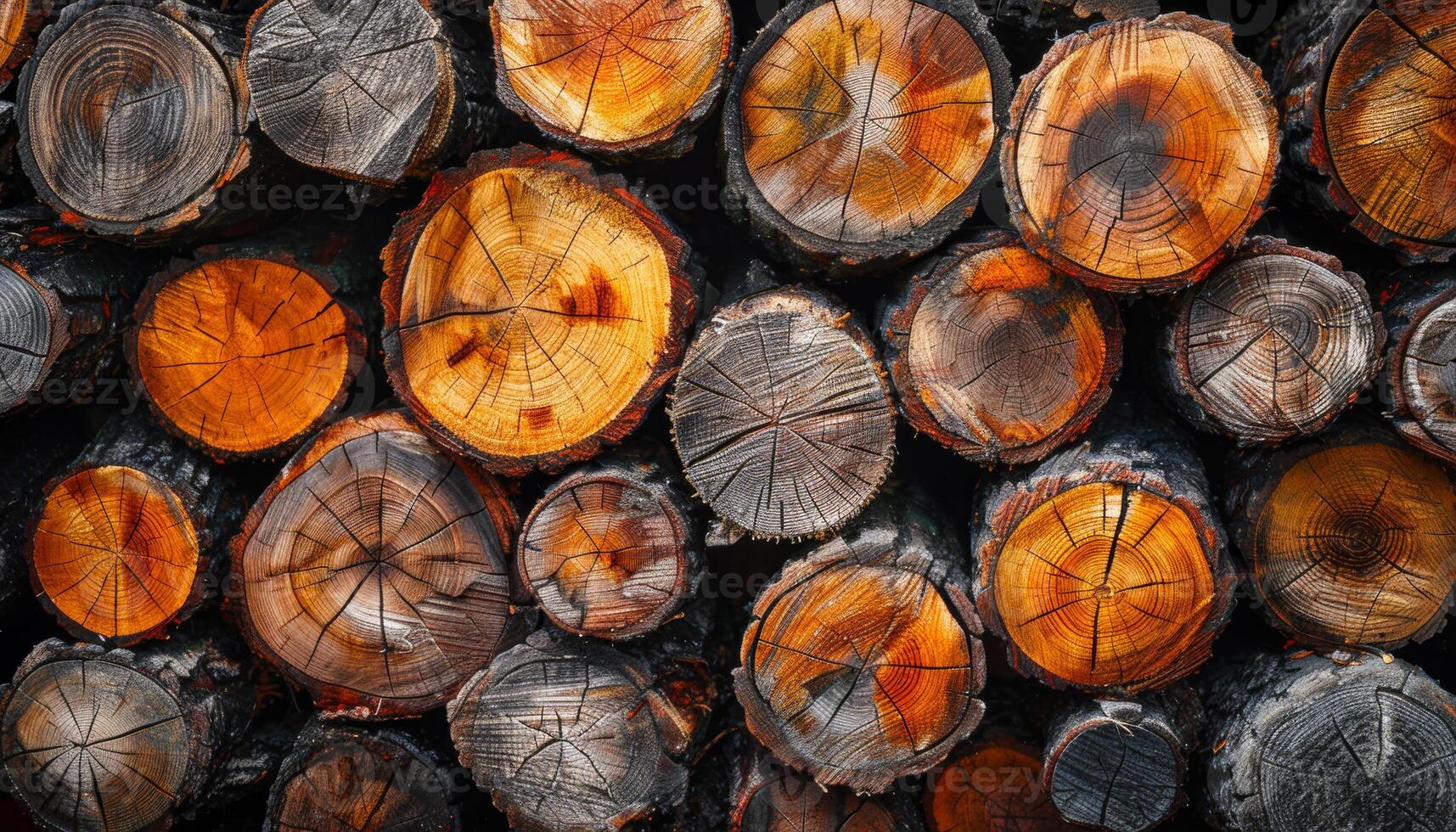 Close-up view of stacked logs in warm sunlight. Freshly cut logs are stacked neatly, showcasing their rich textures and colors illuminated by warm sunlight. photo