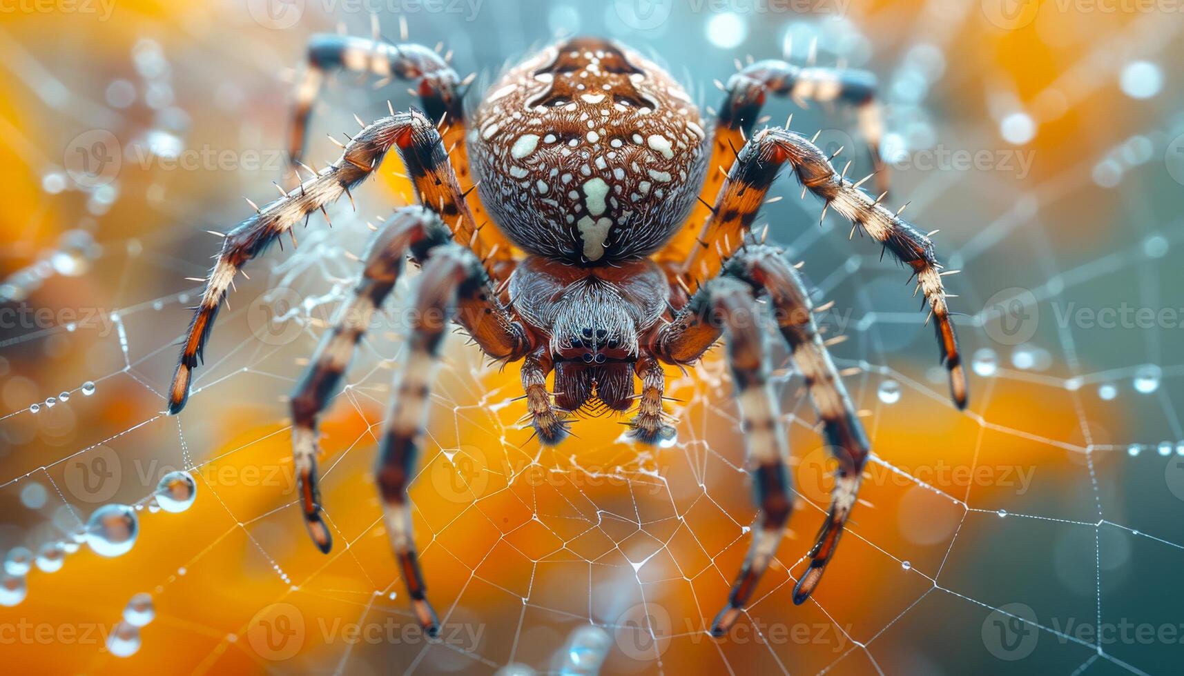 Spider on a dew-covered web at dawn. A spider meticulously weaves its intricate web adorned with sparkling dew drops during the early morning hours. photo