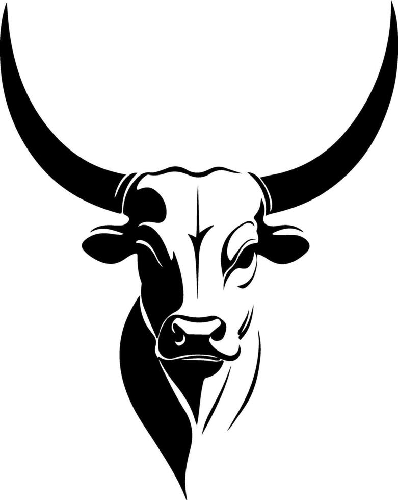 The head of a bull is shown in black and white vector