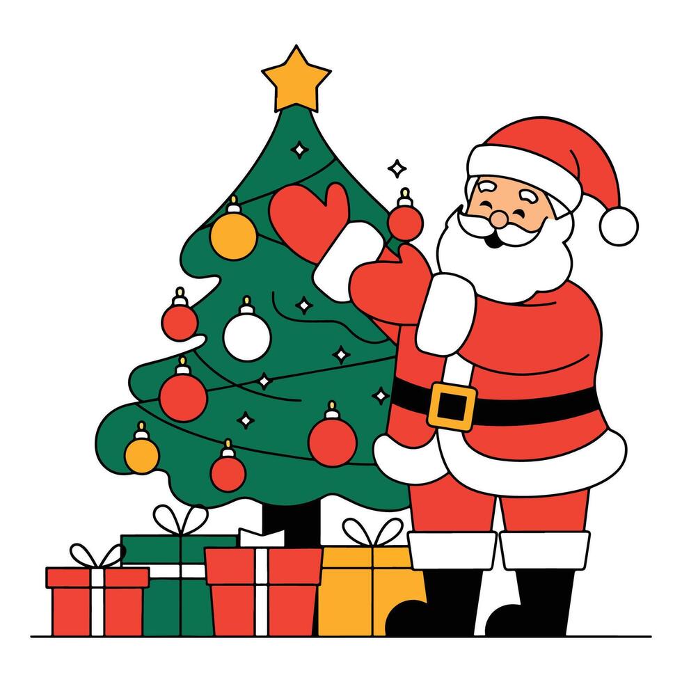 Santa Claus decorating a Christmas tree, surrounded by festive ornaments and gifts, in a cheerful clipart style. vector