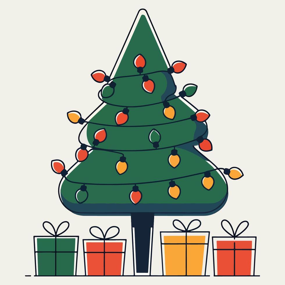 A Christmas tree illustration with strings of lights and gifts vector