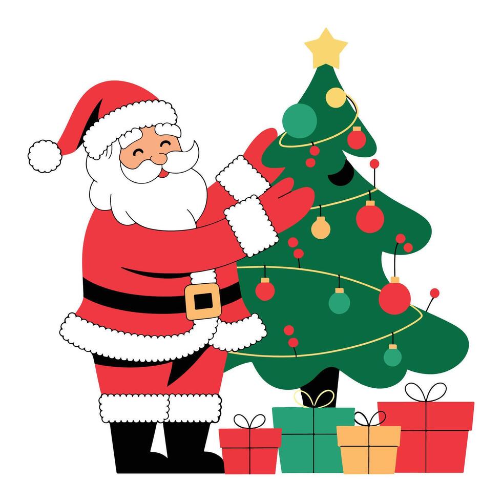 Santa Claus Decorating a Christmas Tree with Ornaments and Gifts Cheerful Clipart Style vector