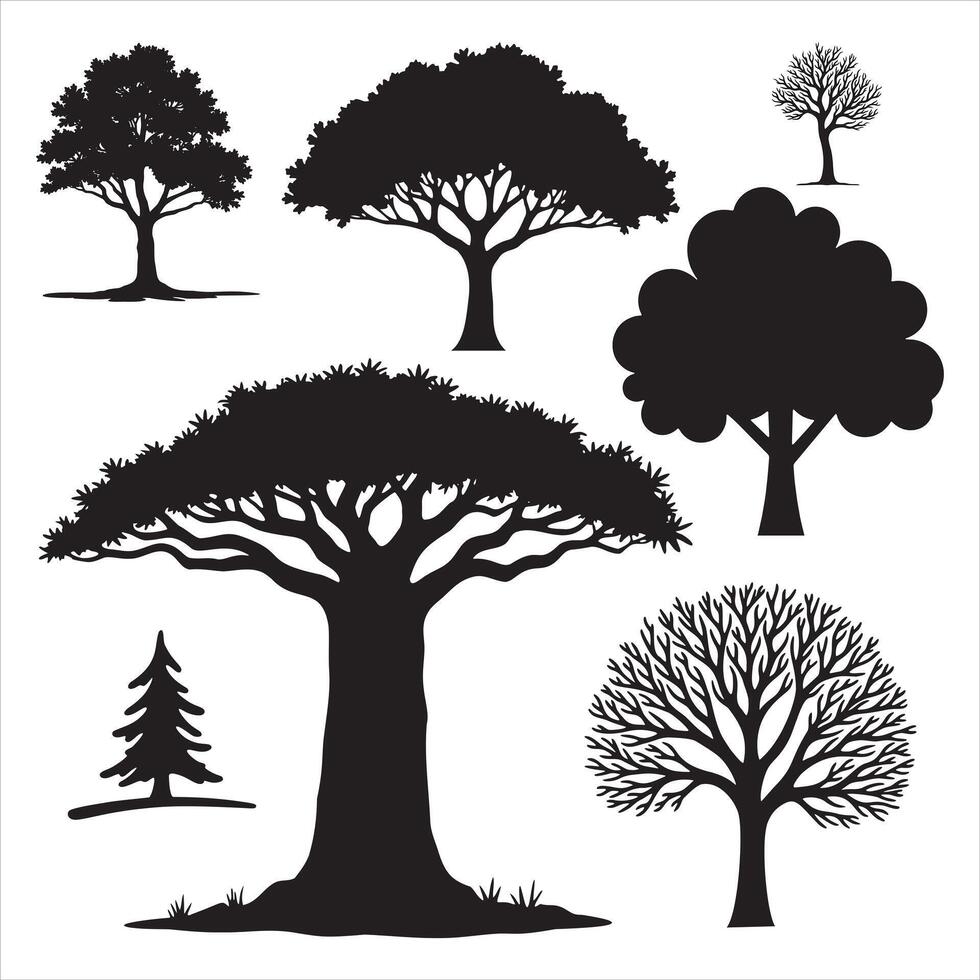 Set of Tree Silhouettes in Black on White vector
