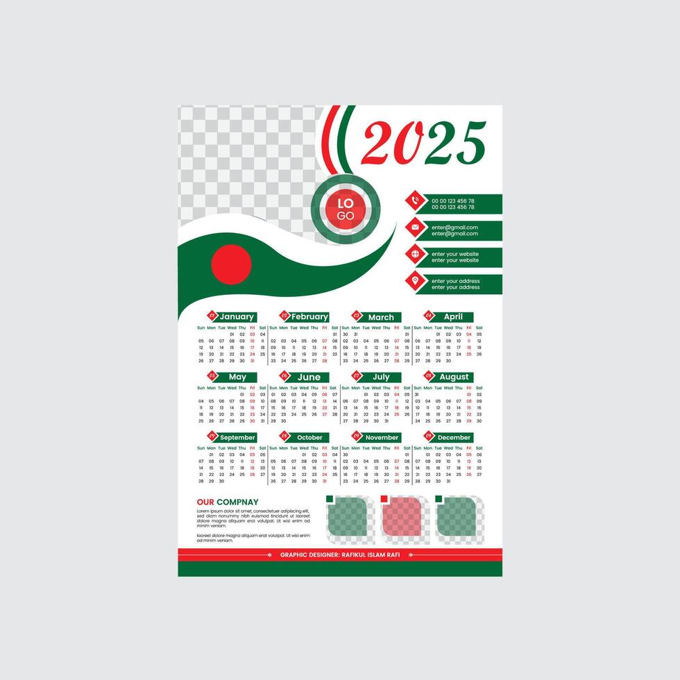 Calendar template 2025 Creative Minimal Modern Design. wall calendar for print. Week start on Sunday one Page. vector